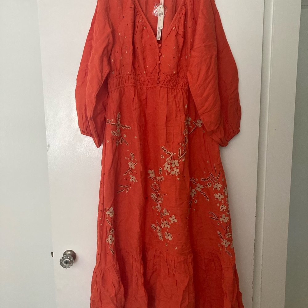 Anthropologie Orange Floral Embroidered Maxi Dress